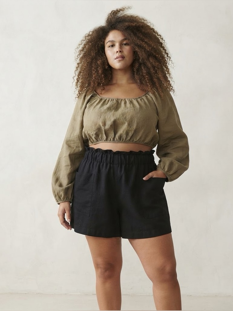 Ozma Of California Raw Silk Cropped Gathered Long Sleeve Top Olive Khaki Xl — image 2 of 2